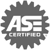 This image shows a gray gear-shaped icon with "ASE CERTIFIED" written on it, indicating an Automotive Service Excellence certification.